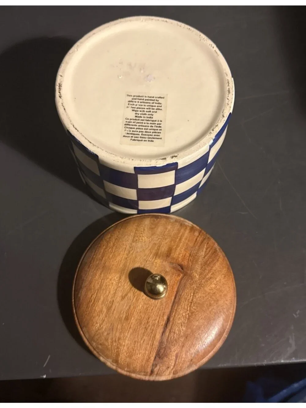Blue & White Checked Round Ceramic  Canister w/ Acacia Wood Lid, 1 Qt